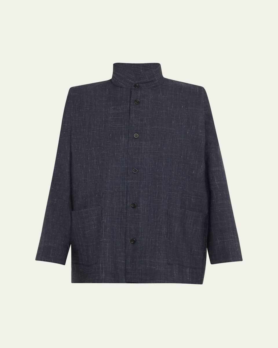 Wide Longer-Back Double Stand Collar Shirt Jacket (Mid Plus Length)